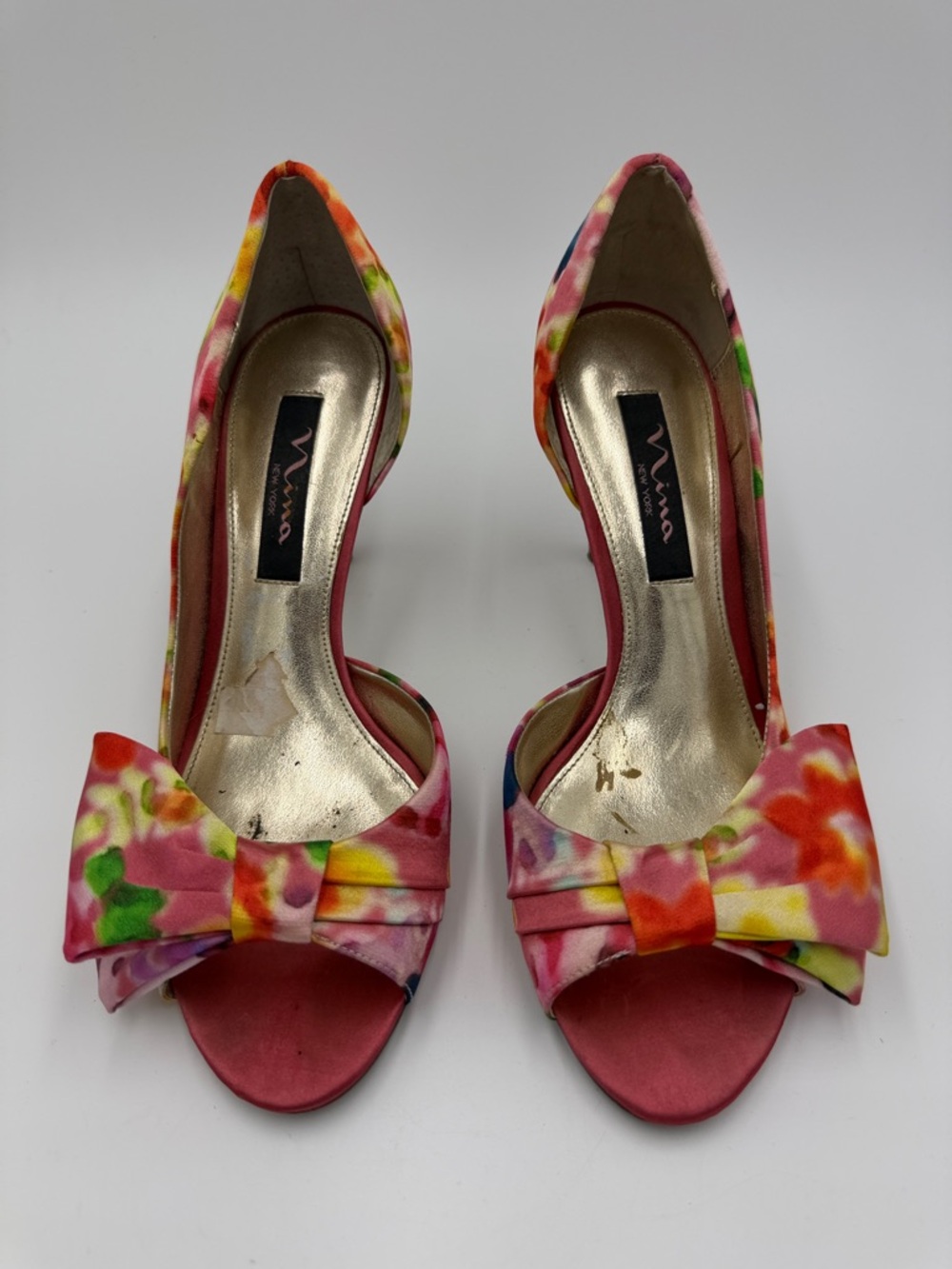 Nina Multicolor Floral Peep-Toe Heels with Bow